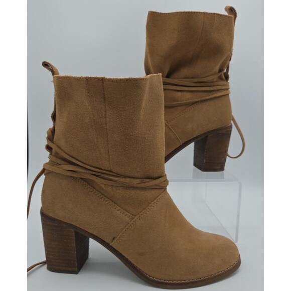 TOMS Mila Ankle Boots Womens Sz 9 Tan Suede Leather Booties Beige Slip On Heels - Picture 1 of 8